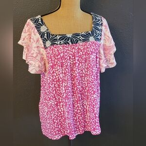 Pink Mixed-Print Square Neck Flutter Sleeve Top